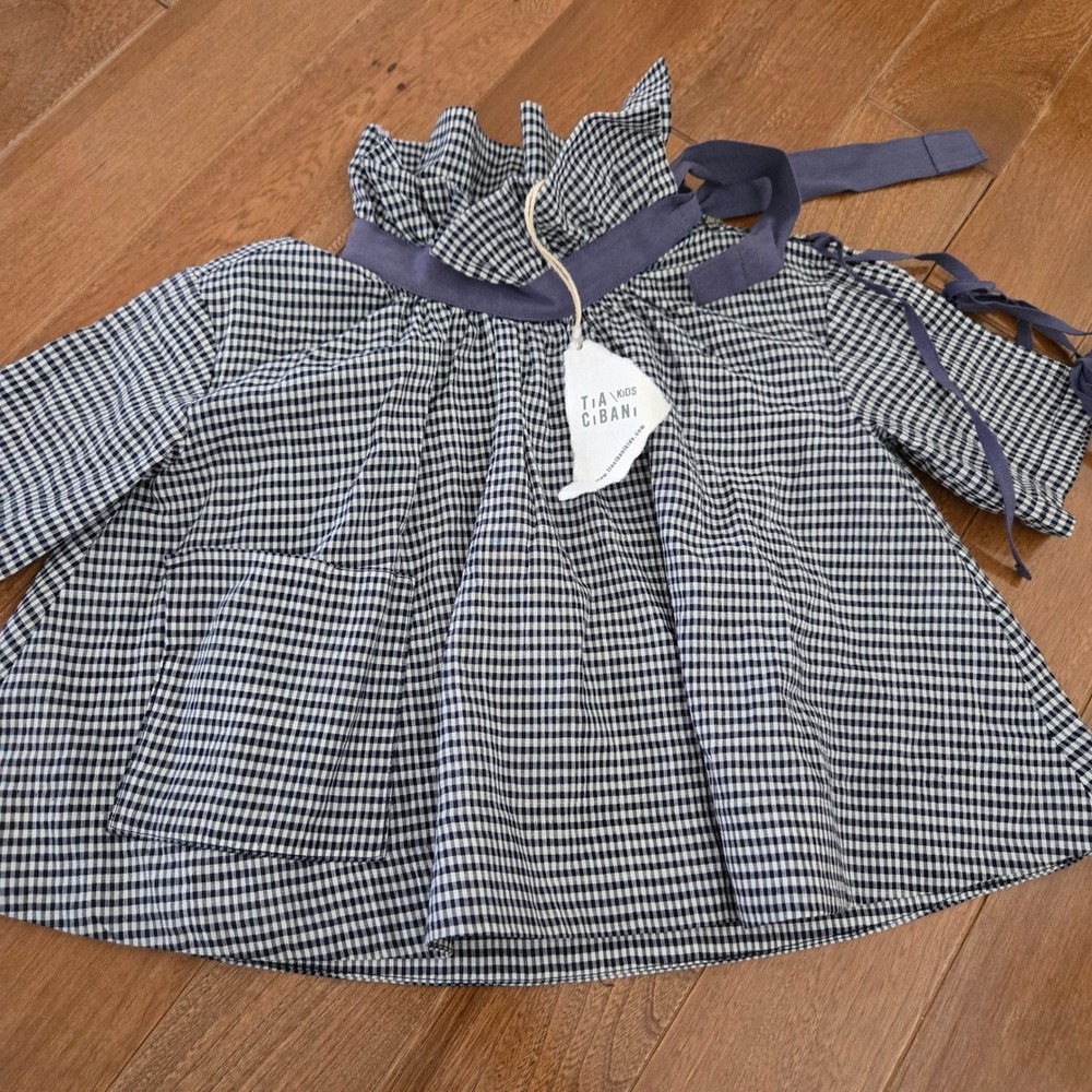 Tia Cibani Kids Gingham Smock Top Navy White Ruffle Neck Size 2 Designer NWT